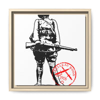 Vintage Explorer Silhouette with Red Stamp Matte Canvas Framed