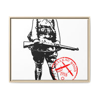 Vintage Explorer Silhouette with Red Stamp Matte Canvas Framed