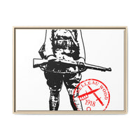 Vintage Explorer Silhouette with Red Stamp Matte Canvas Framed