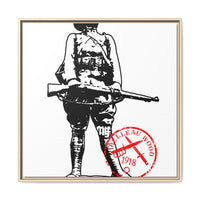 Vintage Explorer Silhouette with Red Stamp Matte Canvas Framed