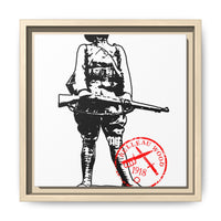 Vintage Explorer Silhouette with Red Stamp Matte Canvas Framed