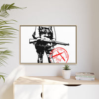 Vintage Explorer Silhouette with Red Stamp Matte Canvas Framed