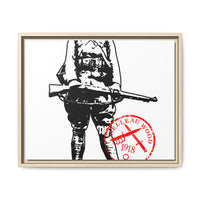 Vintage Explorer Silhouette with Red Stamp Matte Canvas Framed