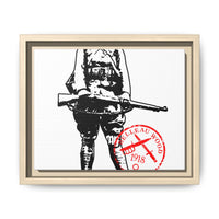 Vintage Explorer Silhouette with Red Stamp Matte Canvas Framed