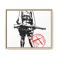 Vintage Explorer Silhouette with Red Stamp Matte Canvas Framed