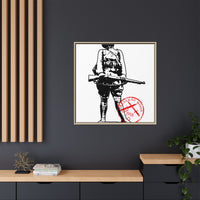 Vintage Explorer Silhouette with Red Stamp Matte Canvas Framed