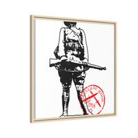 Vintage Explorer Silhouette with Red Stamp Matte Canvas Framed