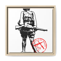 Vintage Explorer Silhouette with Red Stamp Matte Canvas Framed