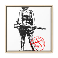 Vintage Explorer Silhouette with Red Stamp Matte Canvas Framed